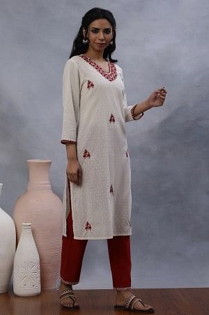 White Cotton Kurta With Red Embroidery