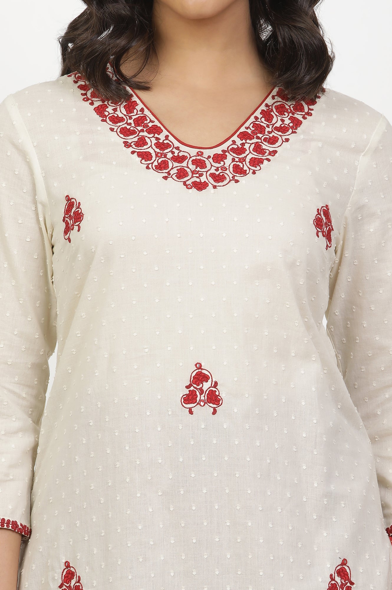 White Cotton Kurta With Red Embroidery