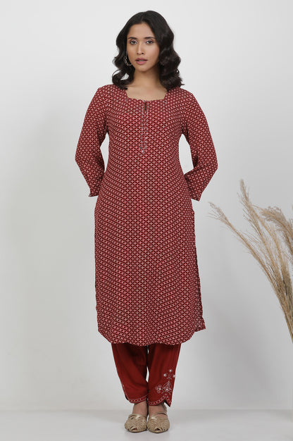 Red Printed Straight Kurta With Mirror Work