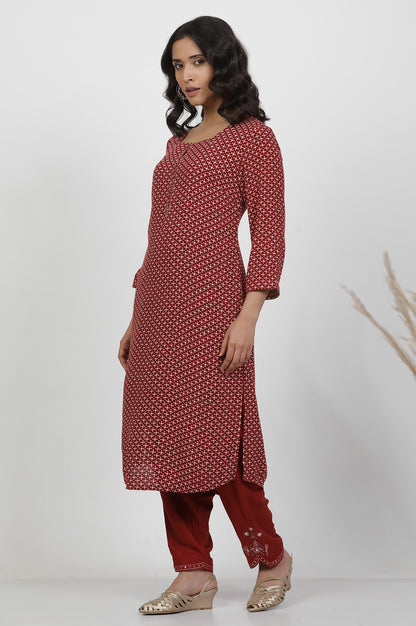 Red Printed Straight Kurta With Mirror Work