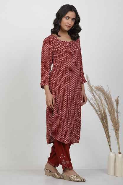 Red Printed Straight Kurta With Mirror Work