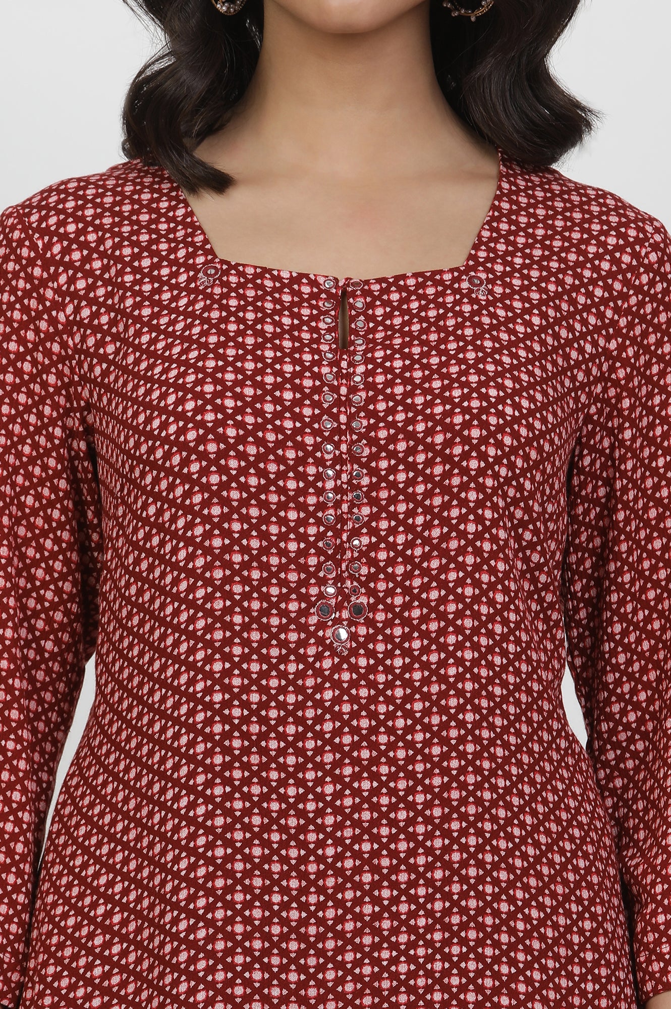 Red Printed Straight Kurta With Mirror Work