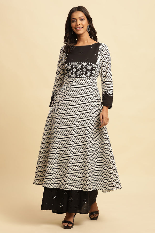 White And Black Printed Flared Kurta With Embroidery