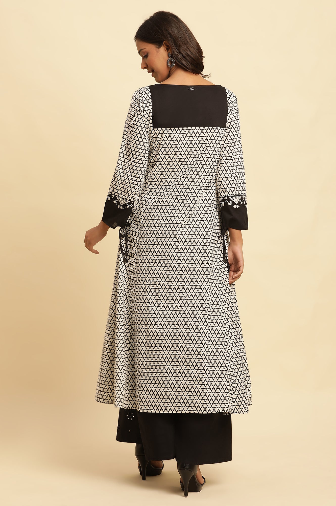 White And Black Printed Flared Kurta With Embroidery