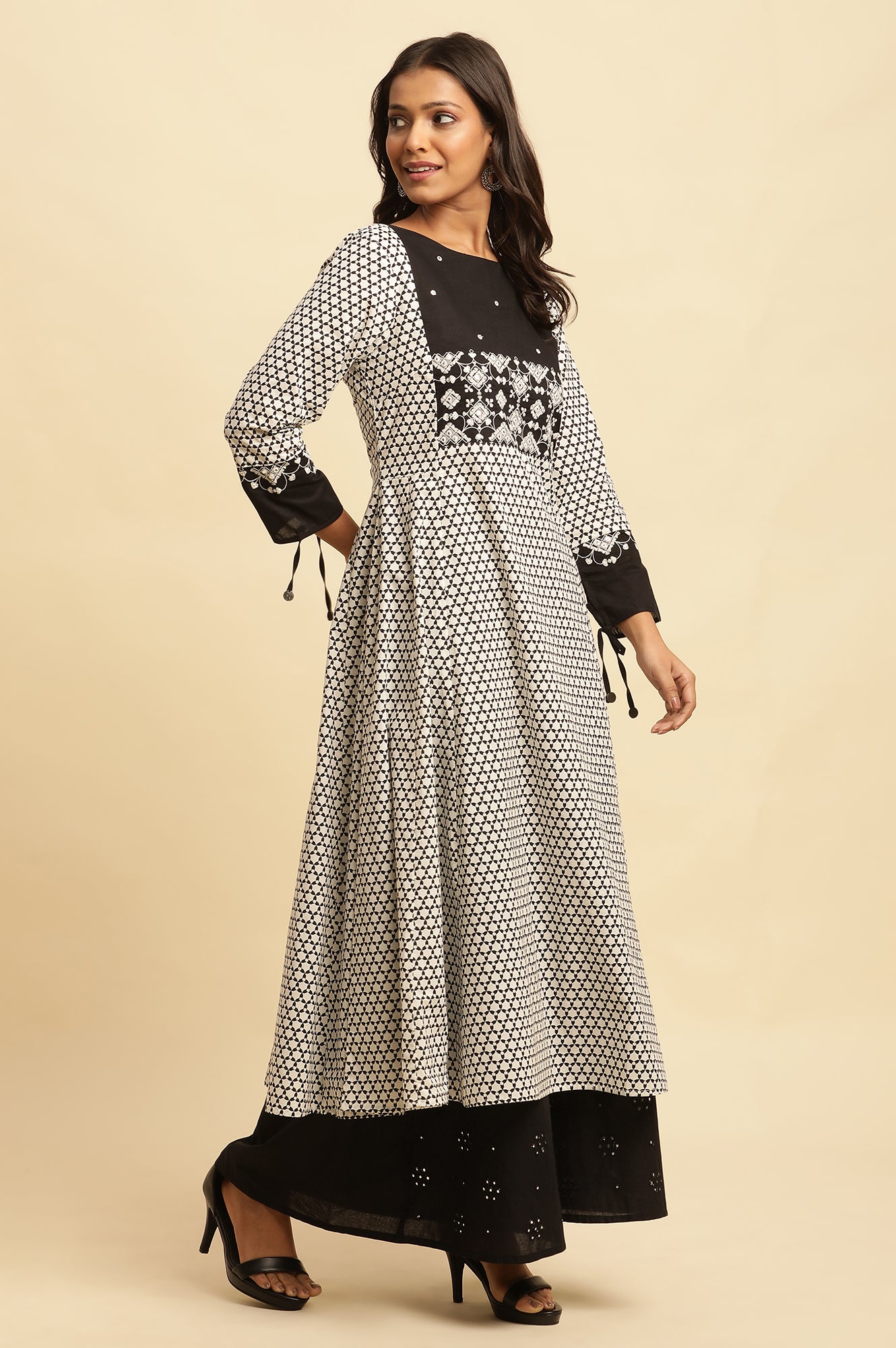 White And Black Printed Flared Kurta With Embroidery