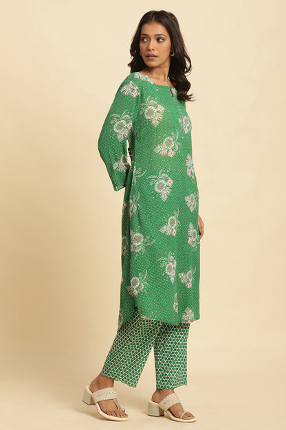 Green Floral Printed Straight Kurta