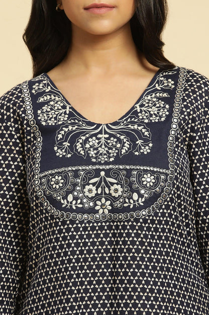 Blue Printed Cotton Kurta With Dori Embroidery - wforwoman