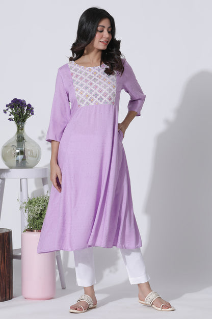 Lilac Textured Swiss Dot A-Line Kurta With Thread Mesh Embroidered Yoke