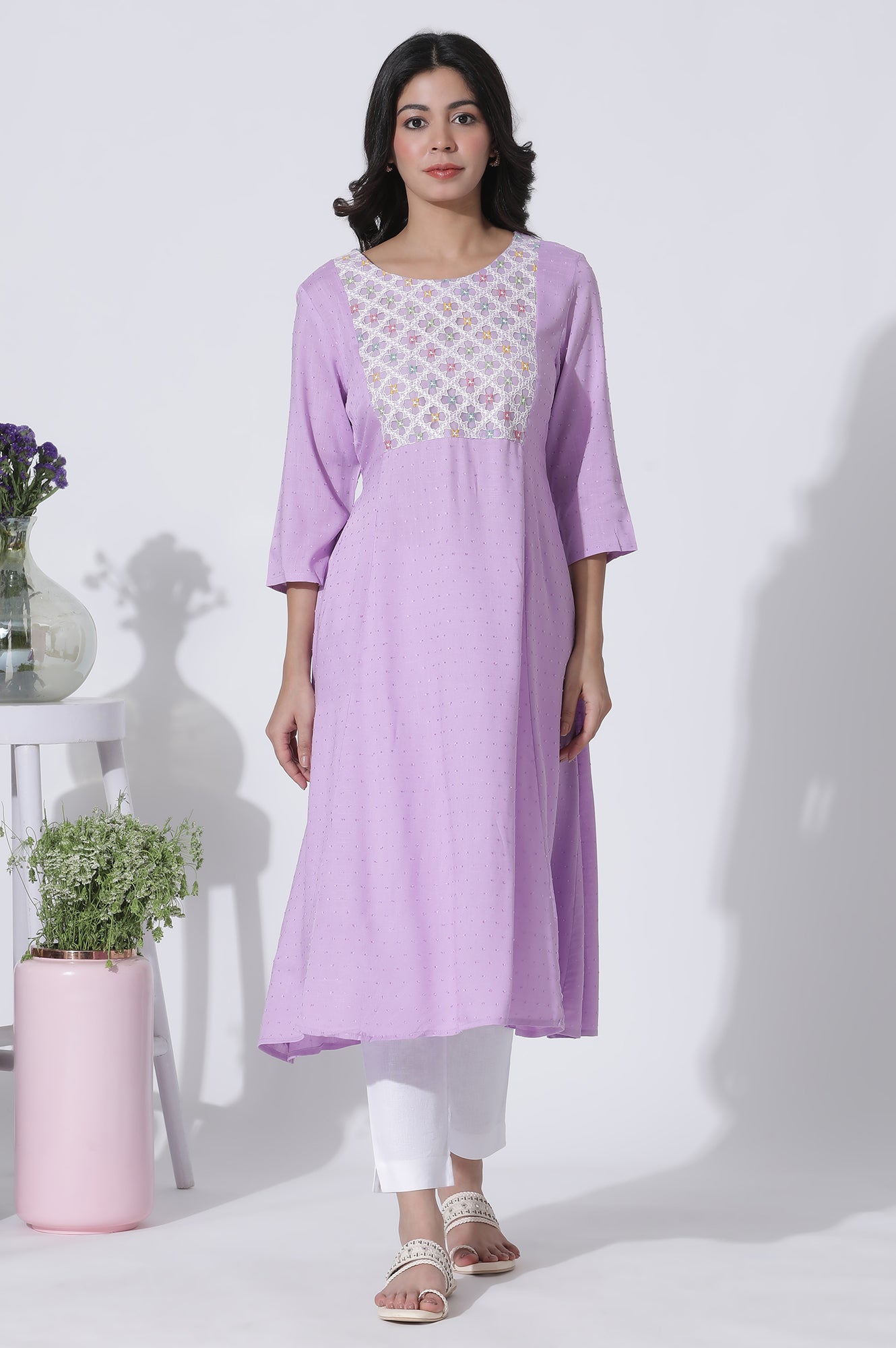 Lilac Textured Swiss Dot A-Line Kurta With Thread Mesh Embroidered Yoke