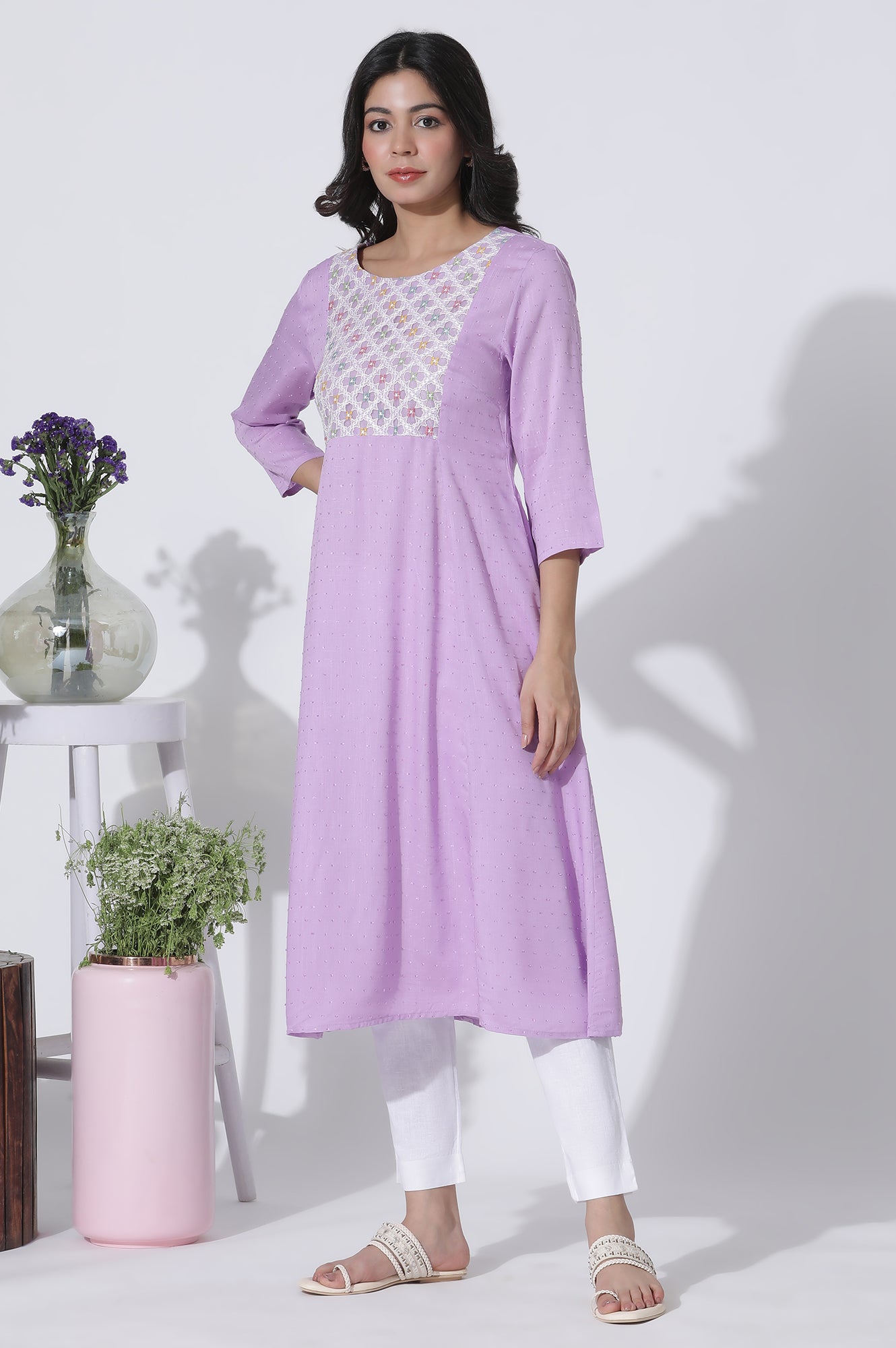 Lilac Textured Swiss Dot A-Line Kurta With Thread Mesh Embroidered Yoke