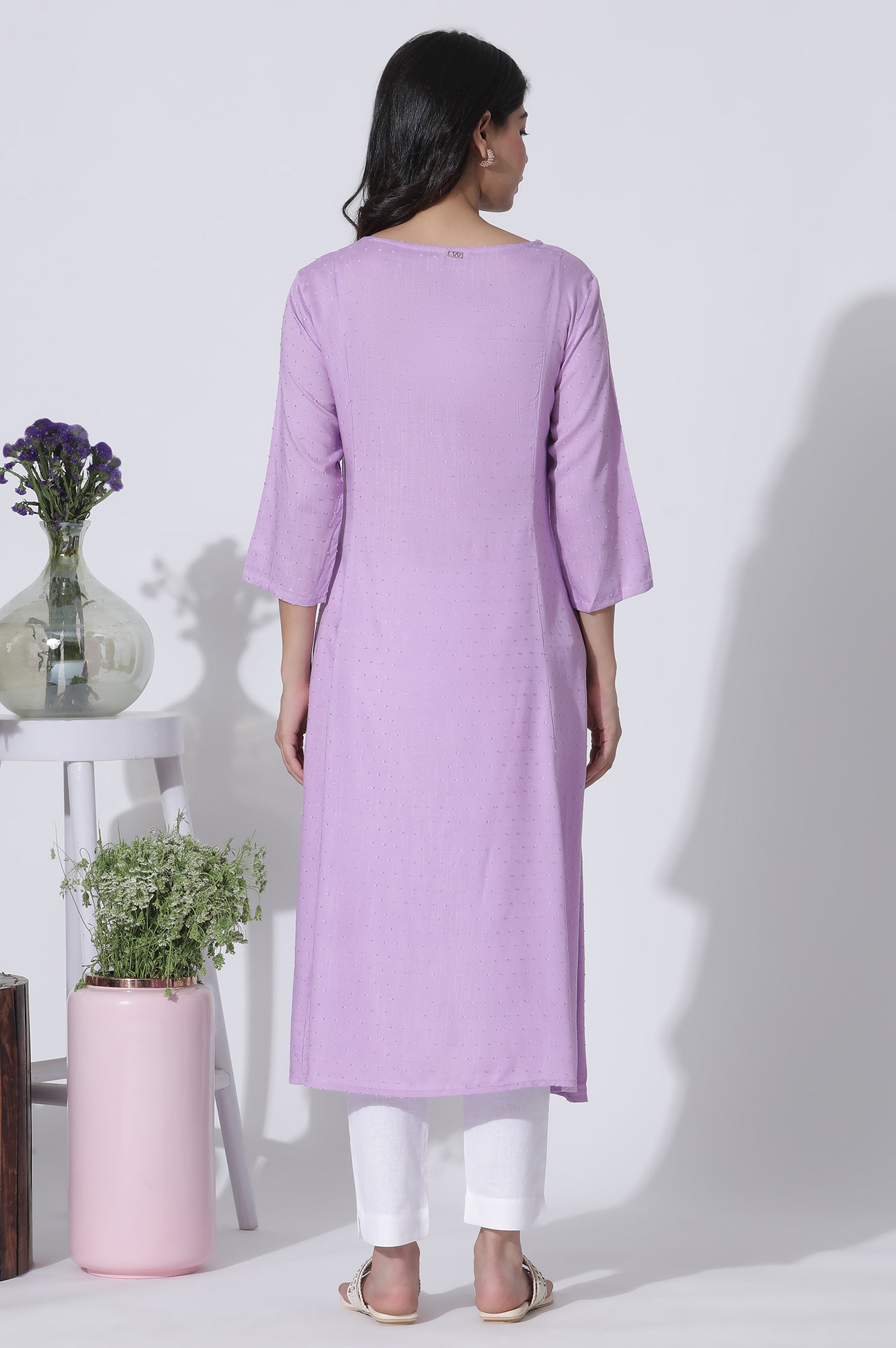 Lilac Textured Swiss Dot A-Line Kurta With Thread Mesh Embroidered Yoke