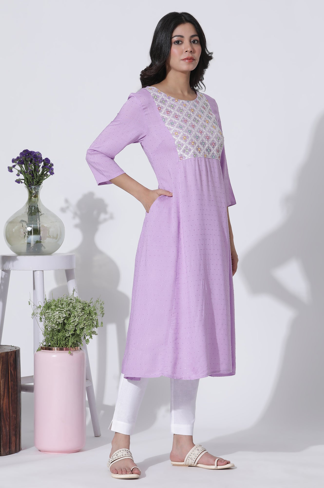 Lilac Textured Swiss Dot A-Line Kurta With Thread Mesh Embroidered Yoke