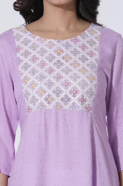 Lilac Textured Swiss Dot A-Line Kurta With Thread Mesh Embroidered Yoke