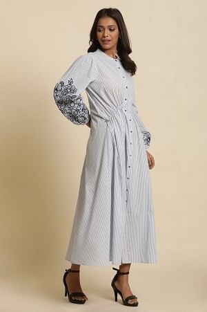 White And Blue Striped Embroidered Dress