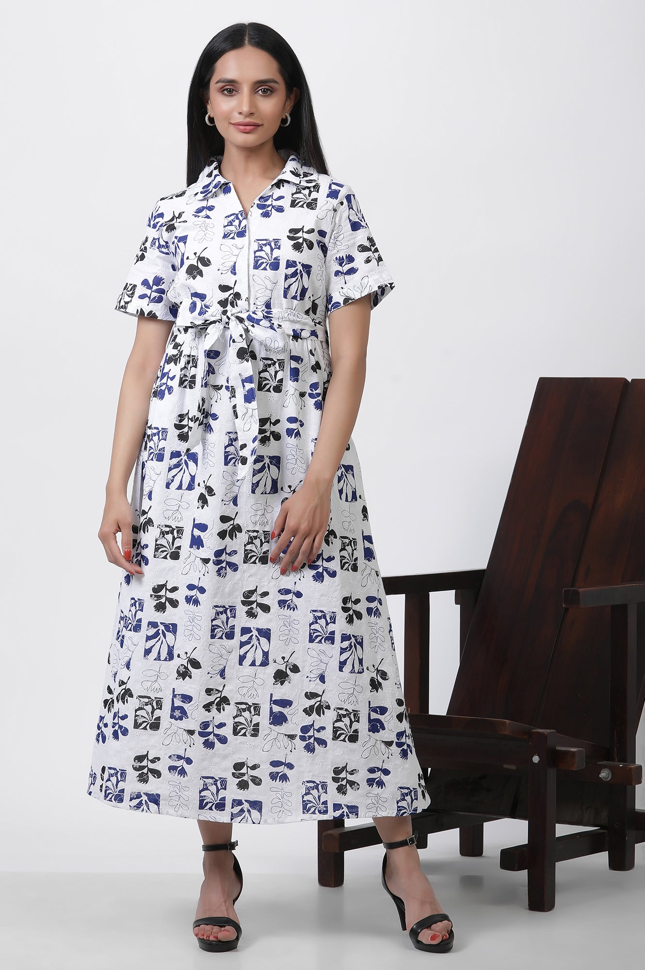 White Printed Cotton Schiffli Long Western Dress