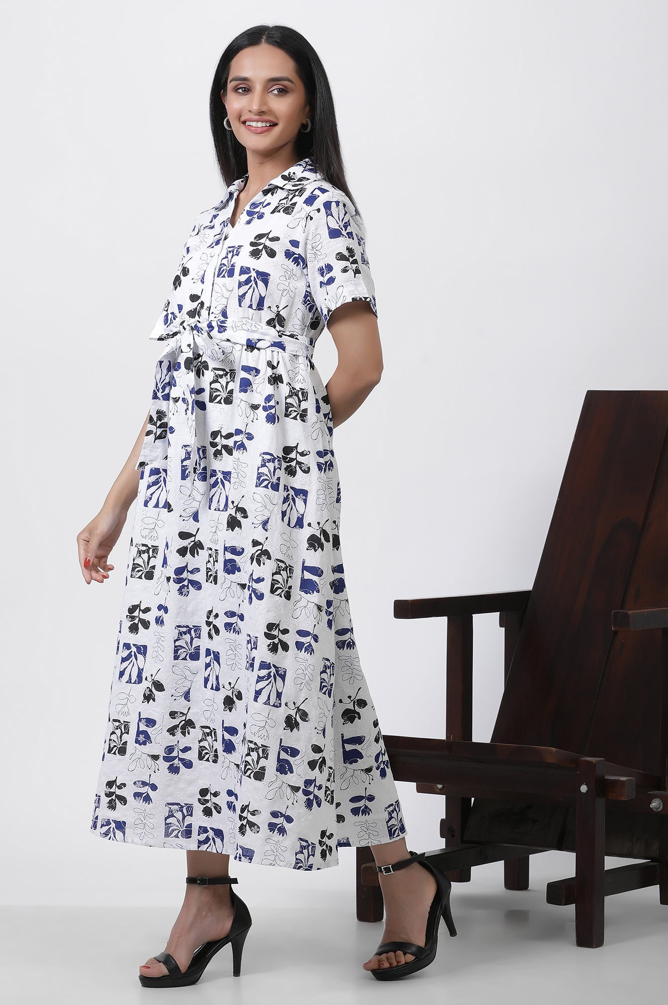 White Printed Cotton Schiffli Long Western Dress