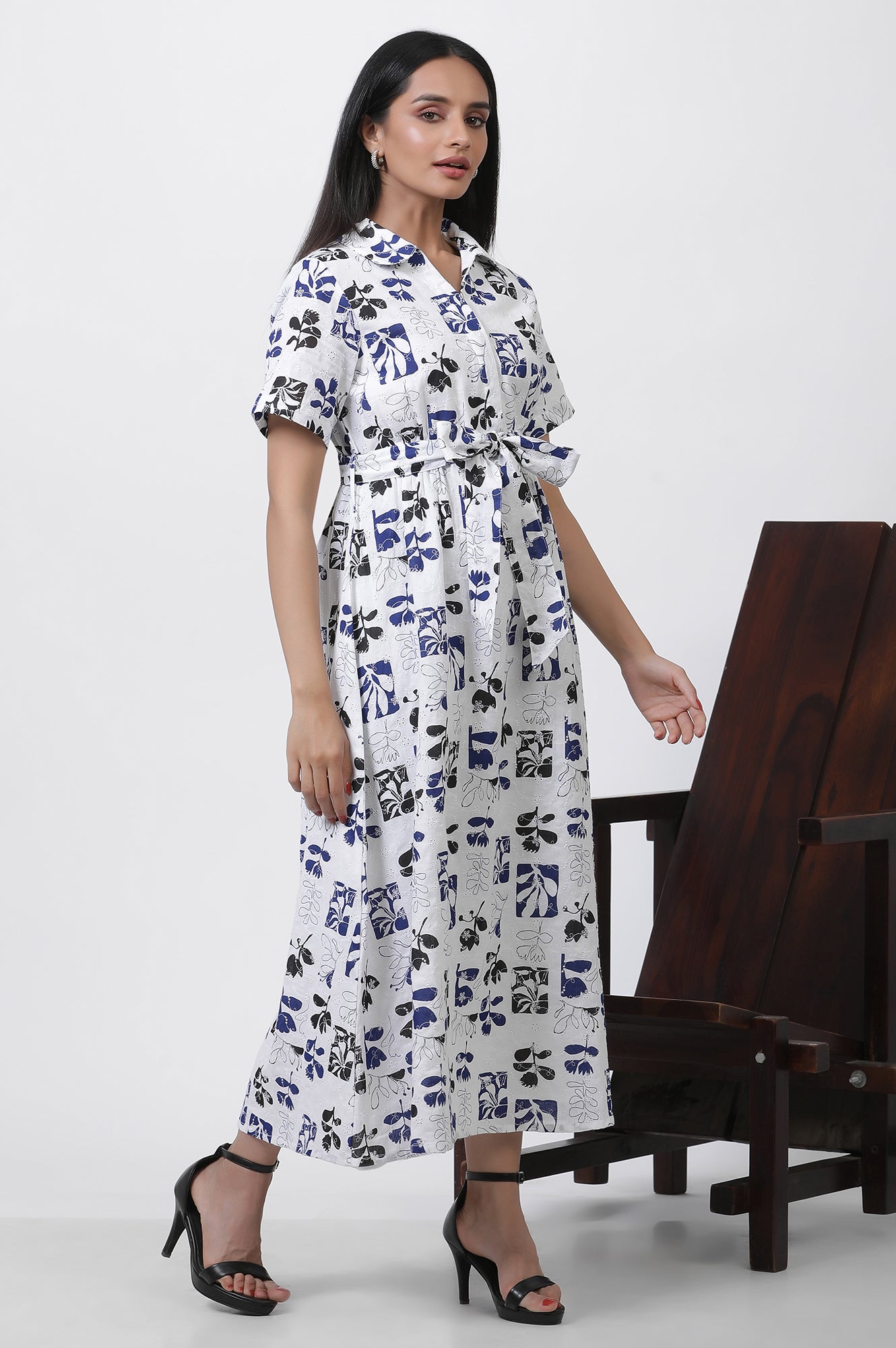 White Printed Cotton Schiffli Long Western Dress