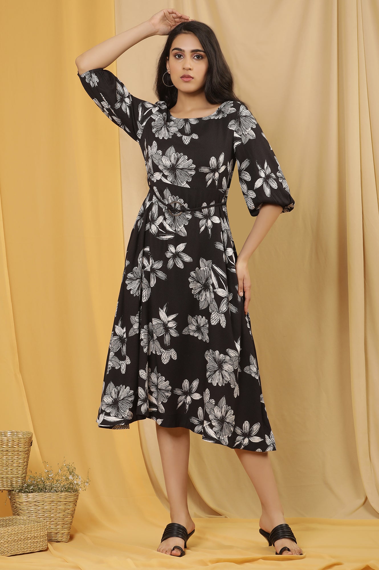 Black A-Line Floral Printed Dress