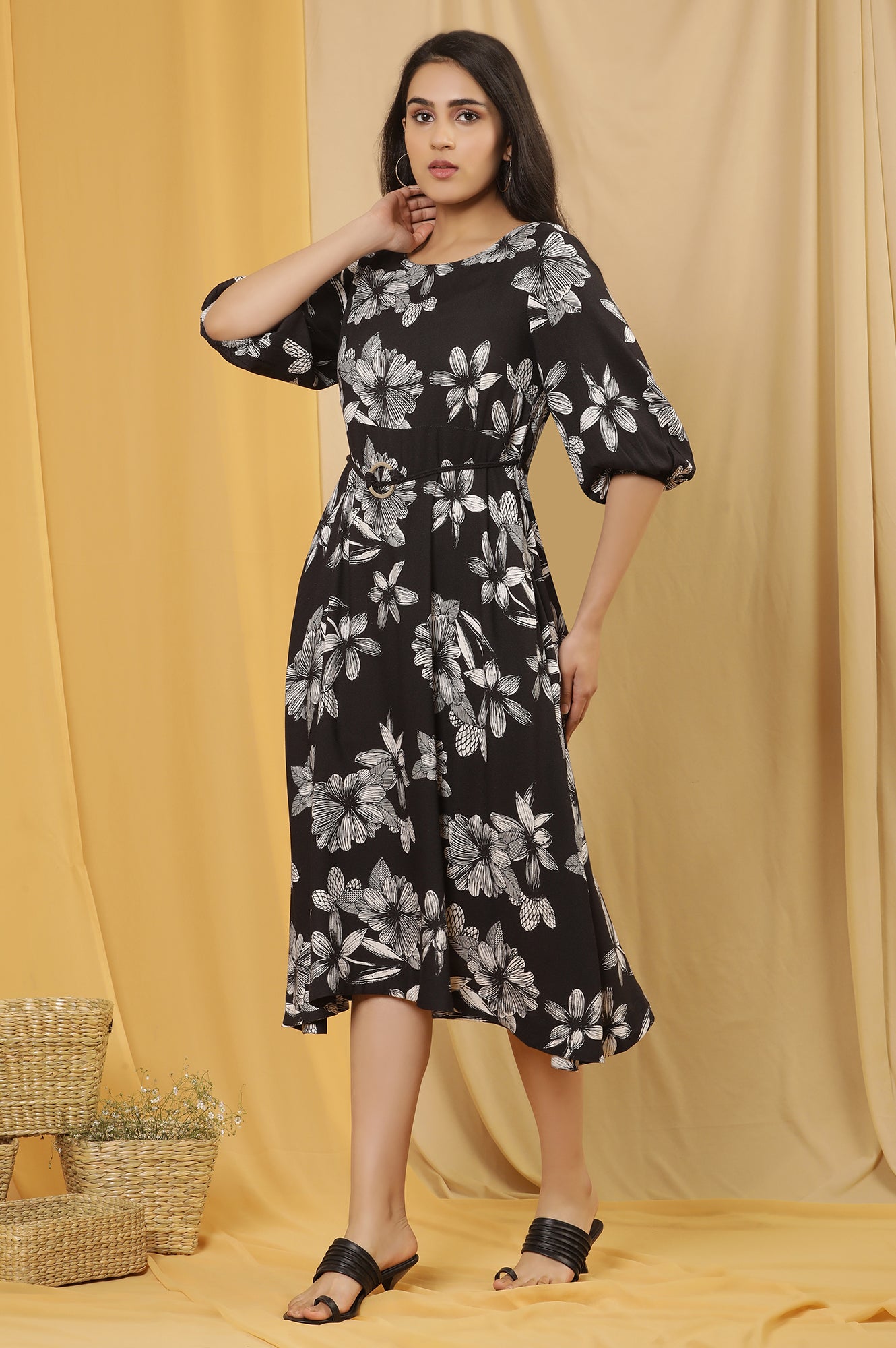 Black A-Line Floral Printed Dress