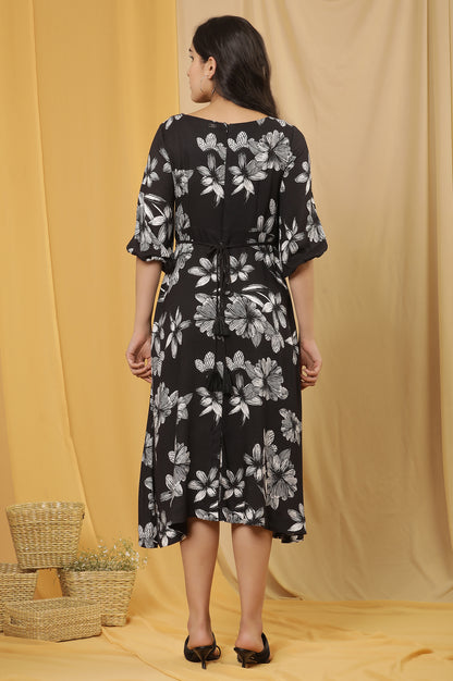 Black A-Line Floral Printed Dress