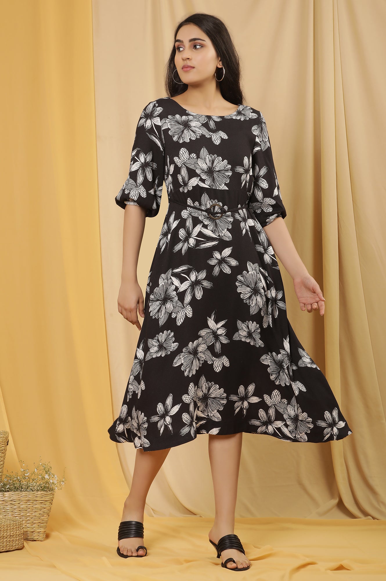 Black A-Line Floral Printed Dress