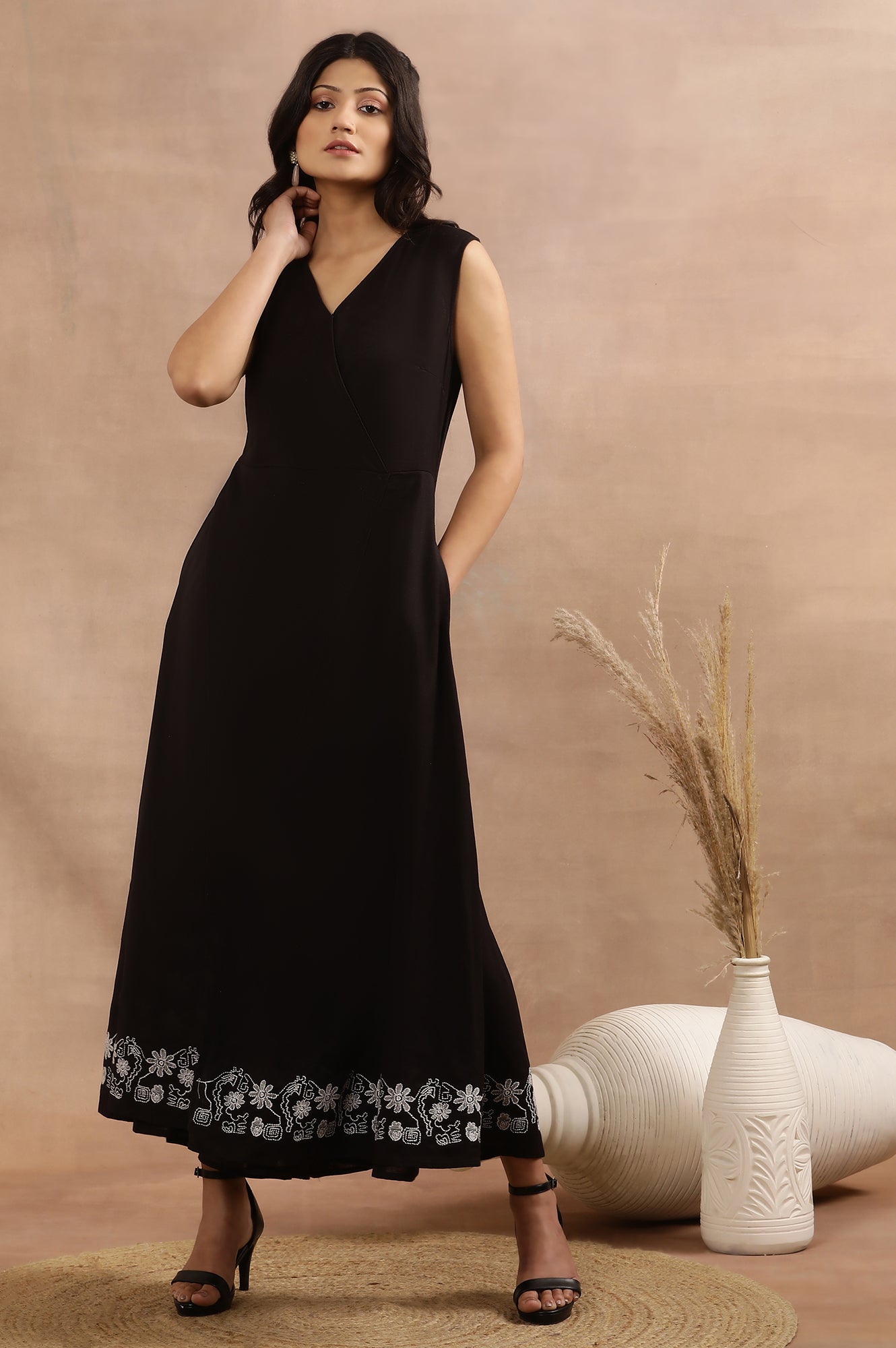 Black Sleeveless Long Western Wrap  Jumpsuit