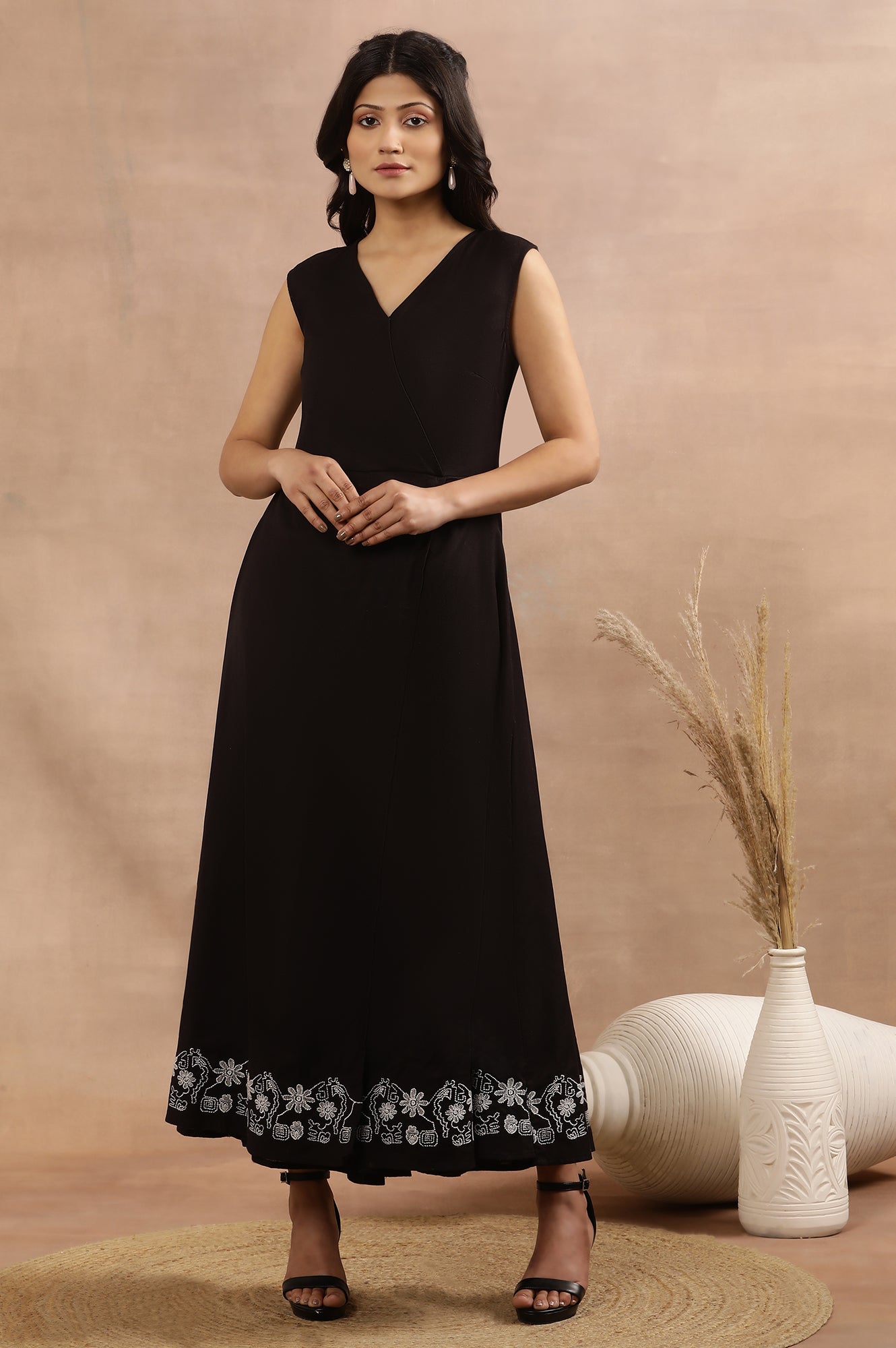 Black Sleeveless Long Western Wrap  Jumpsuit