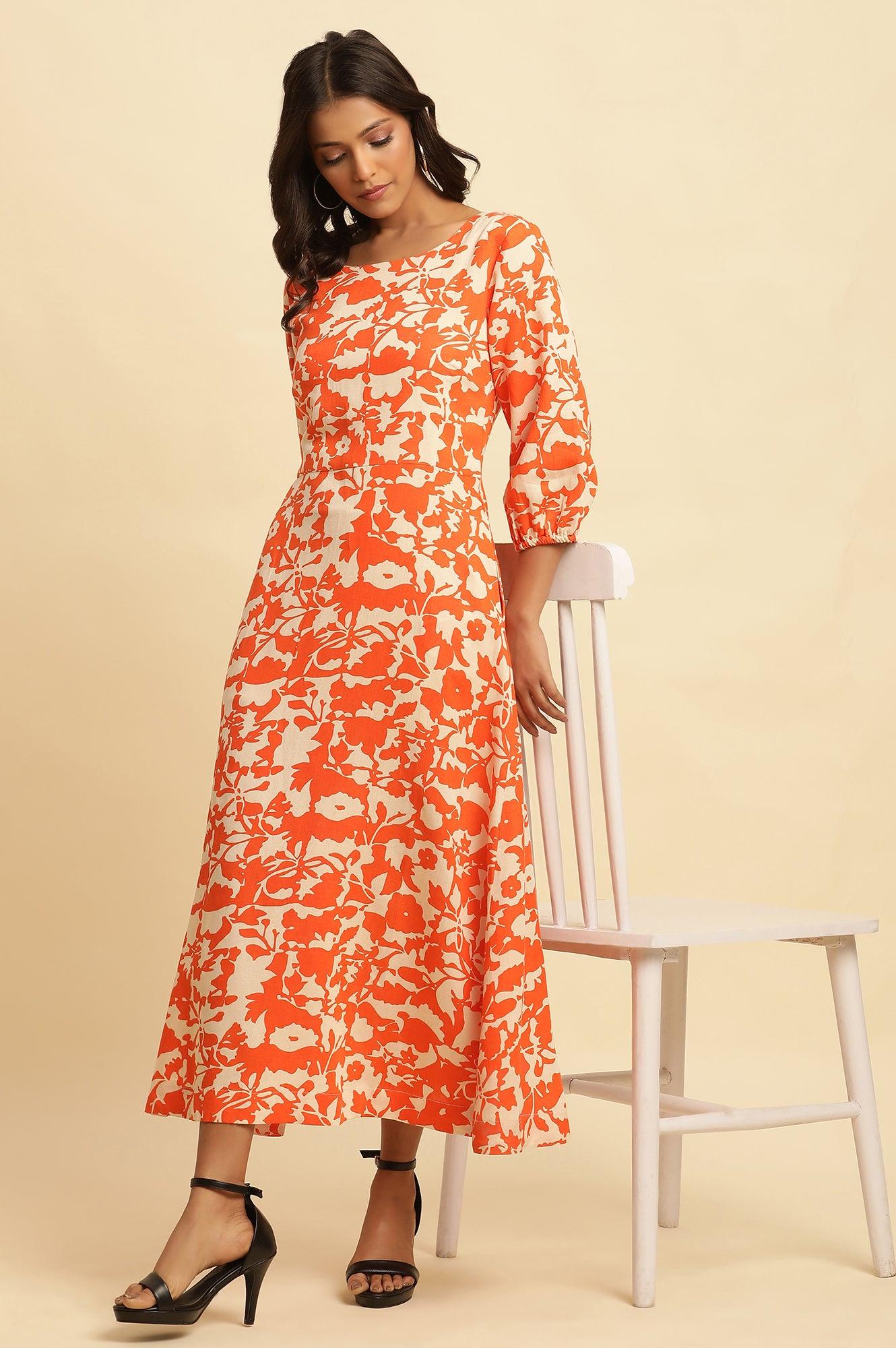 Orange And White Printed Long Western Dress - wforwoman
