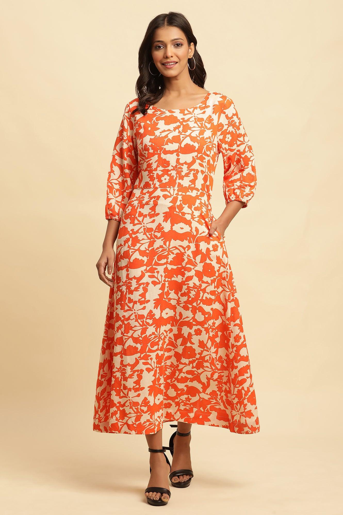 Orange And White Printed Long Western Dress - wforwoman