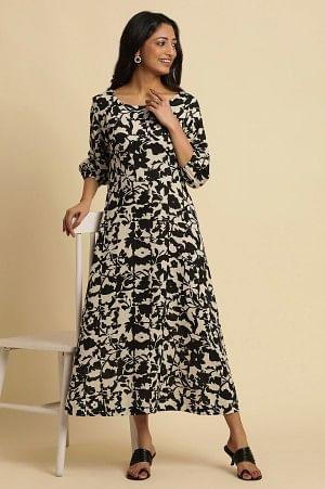 Black And White Abstract Printed A-Line Western Dress - wforwoman