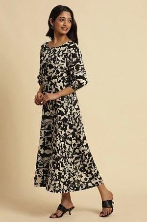 Black And White Abstract Printed A-Line Western Dress - wforwoman