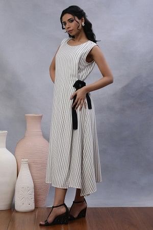White Sleeveless Long Stripe Printed Dress
