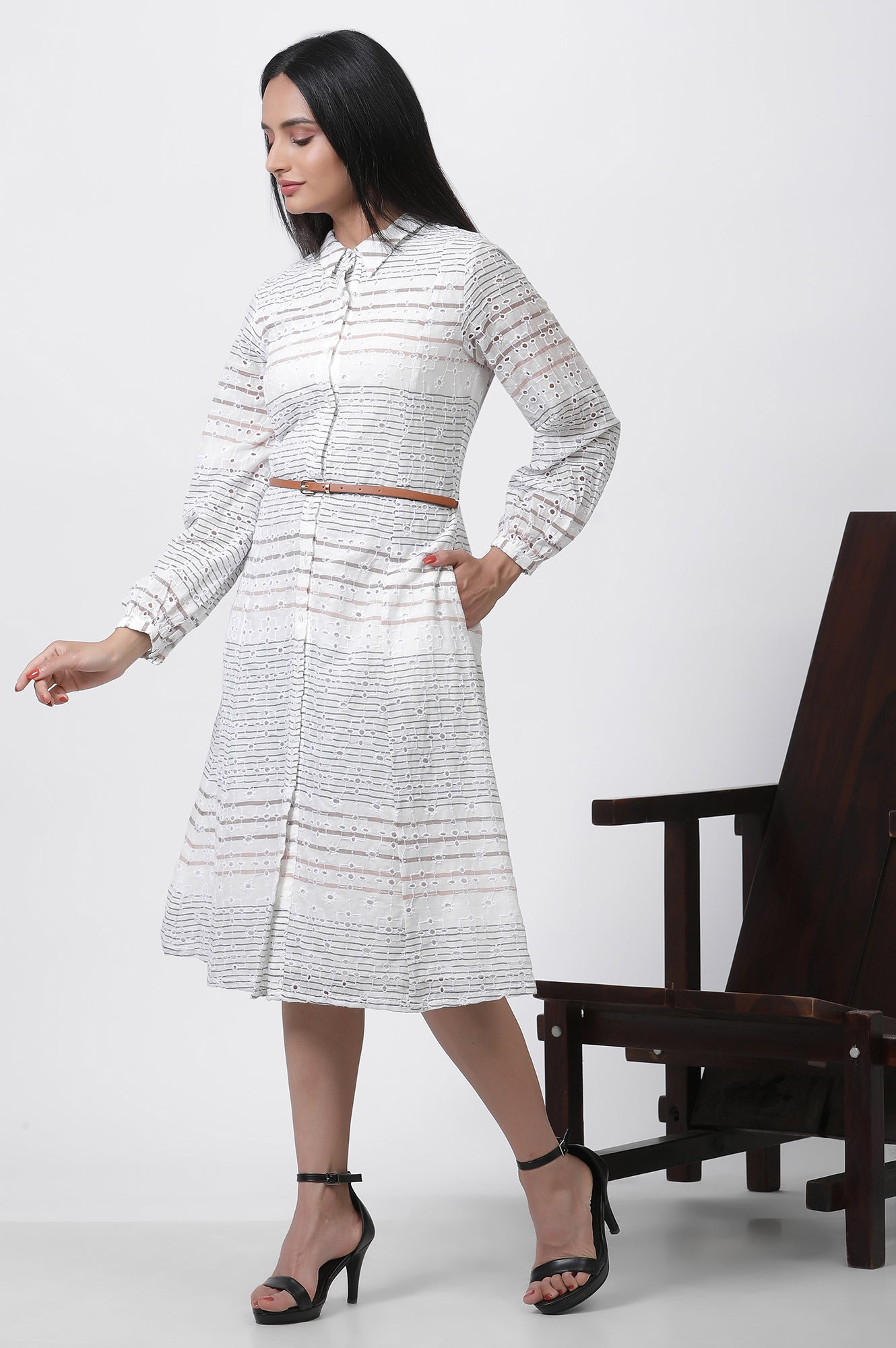 White Striped Cotton Schiffli Dress