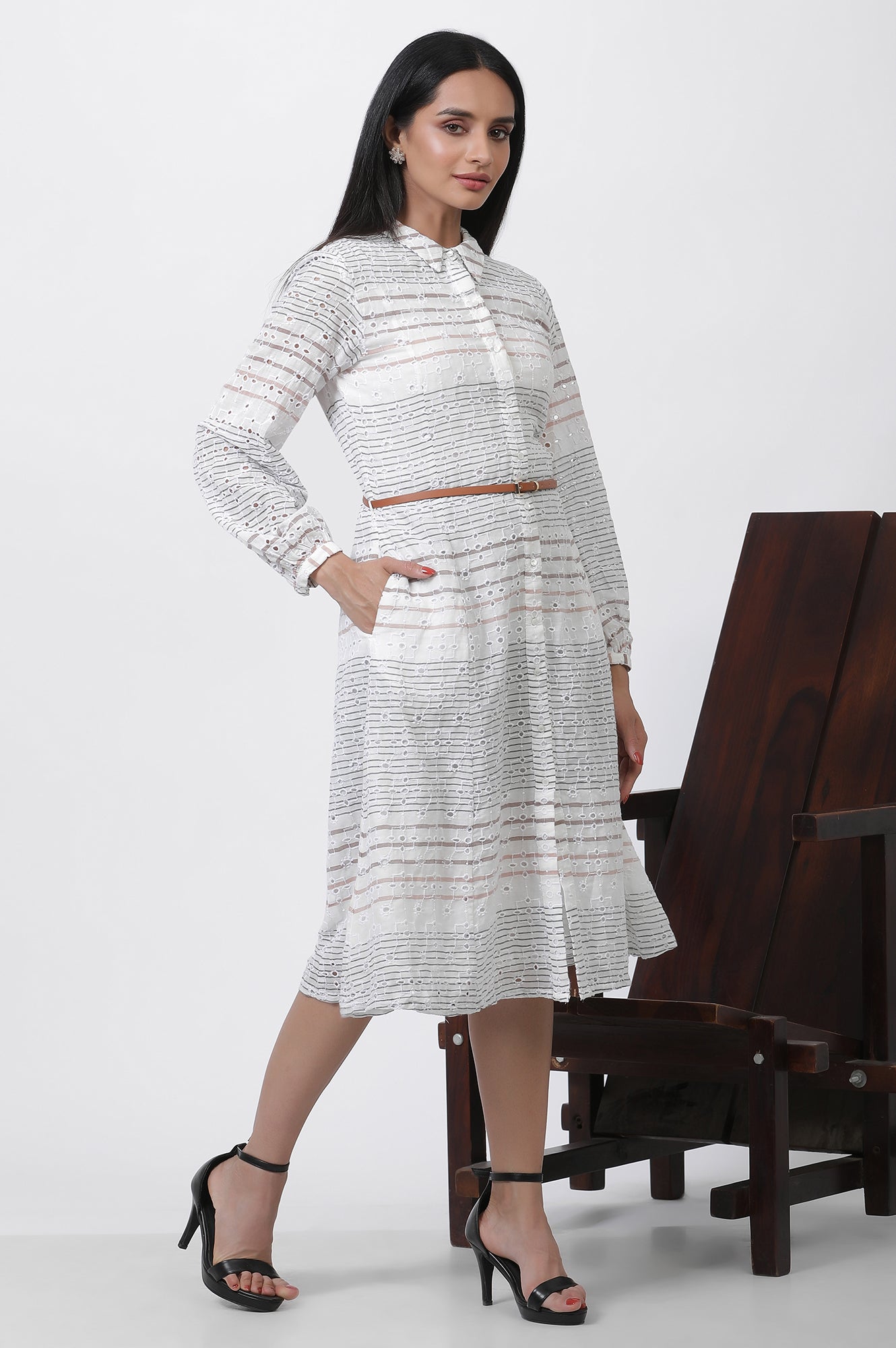 White Striped Cotton Schiffli Dress