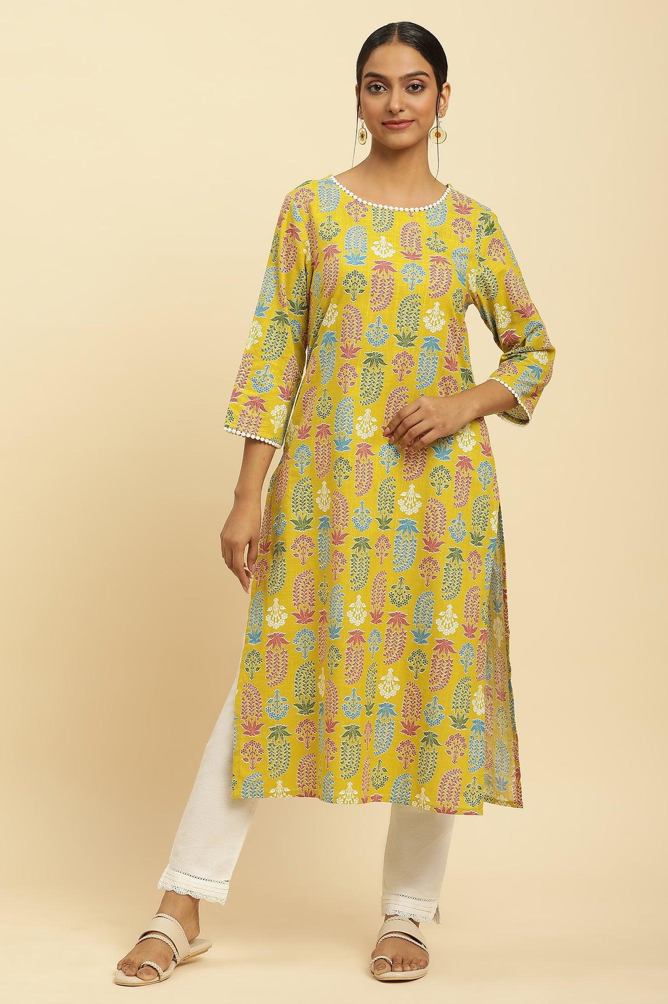 Yellow Floral Printed Cotton Kurta With Lace - wforwoman