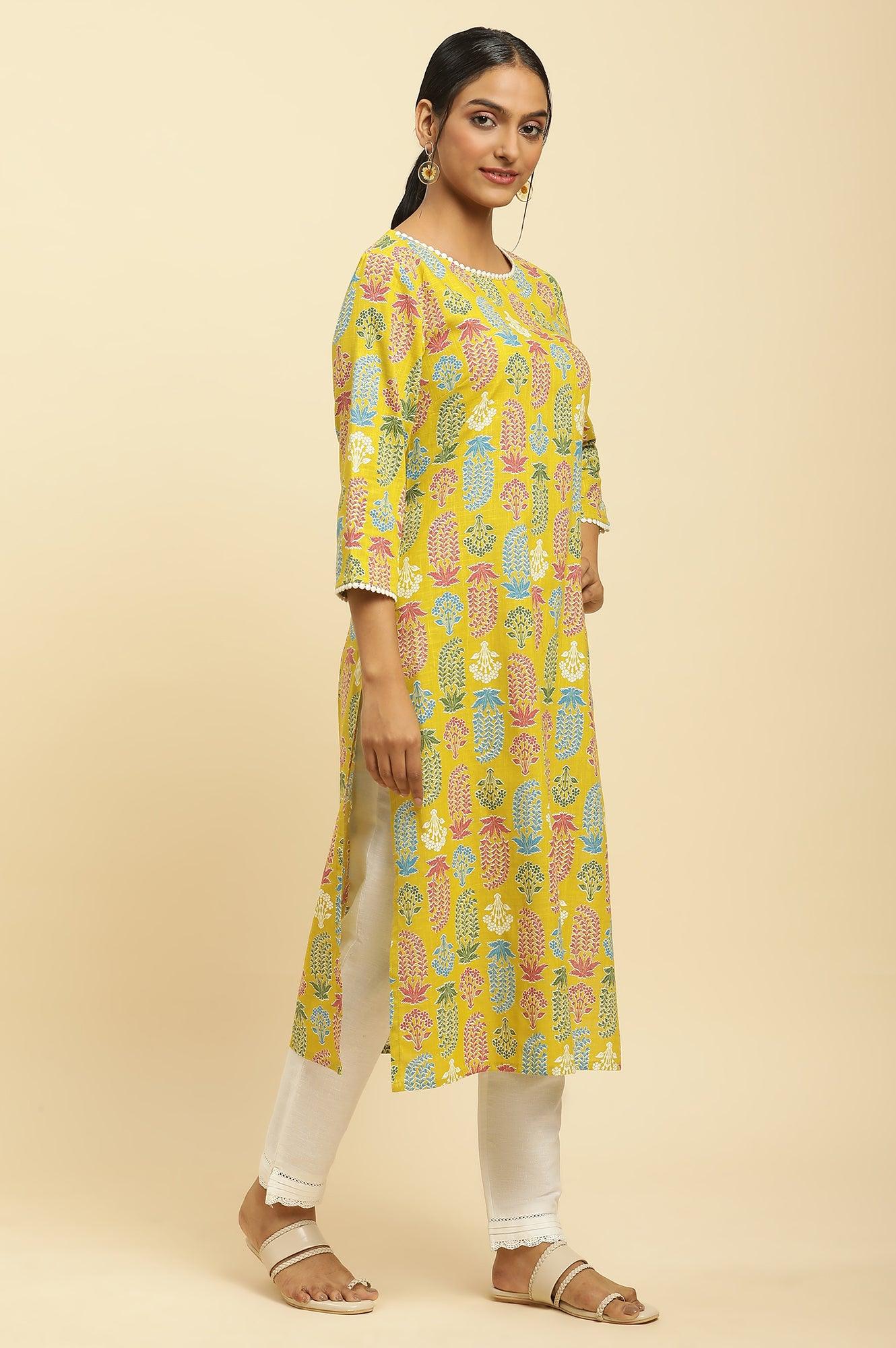 Yellow Floral Printed Cotton Kurta With Lace - wforwoman