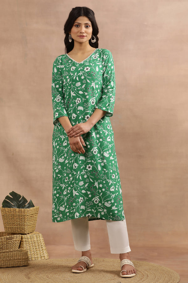Green Floral Printed Straight V-Neck Kurta