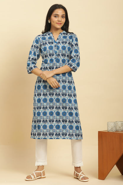 Blue Floral Printed Cotton Kurta