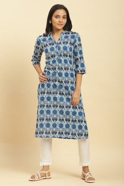 Blue Floral Printed Cotton Kurta