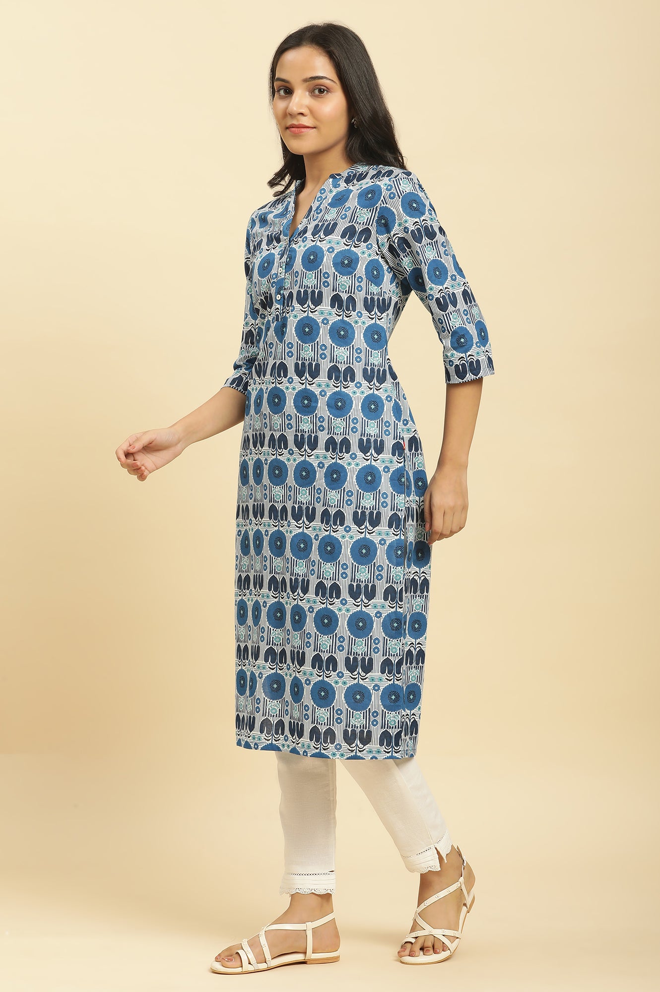 Blue Floral Printed Cotton Kurta