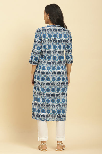 Blue Floral Printed Cotton Kurta