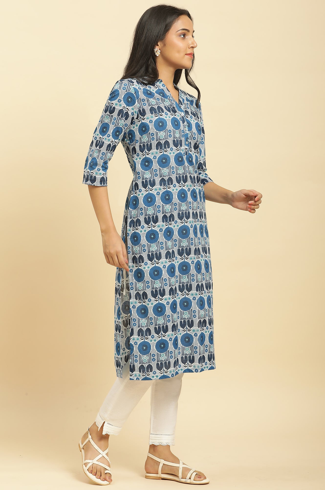 Blue Floral Printed Cotton Kurta