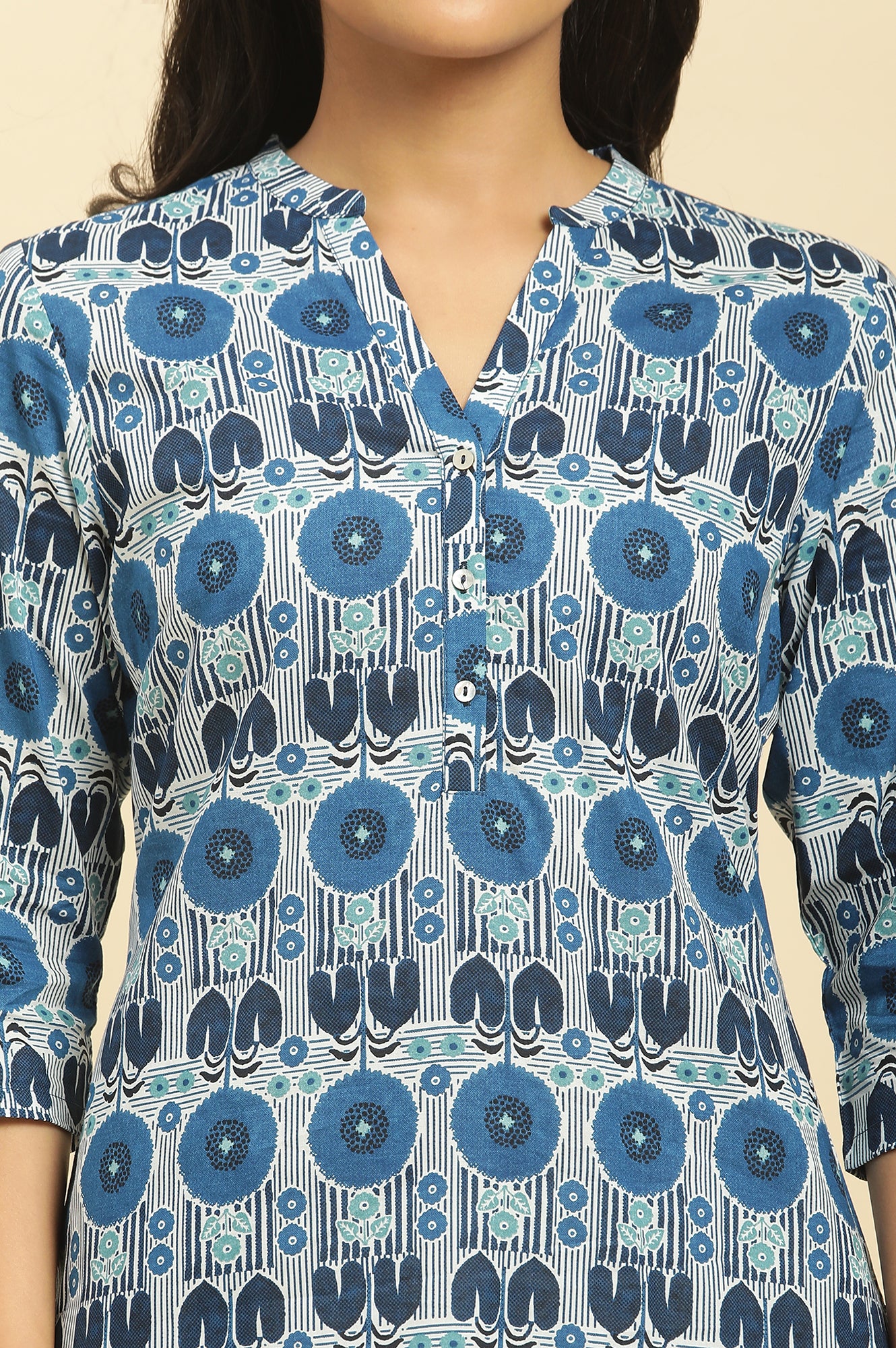 Blue Floral Printed Cotton Kurta