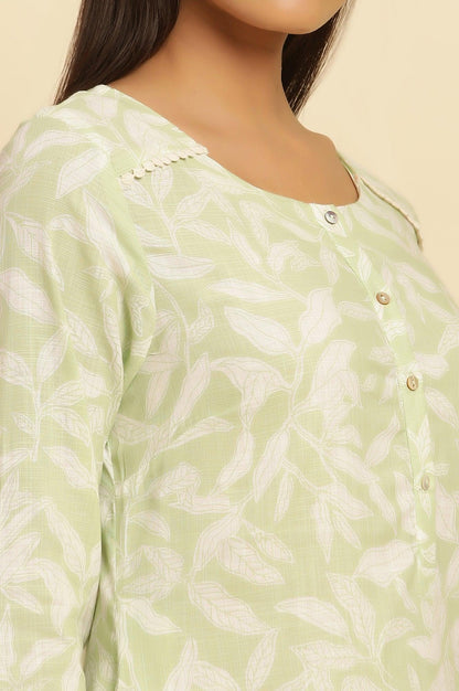 Green Leaf Printed Cotton Kurta - wforwoman