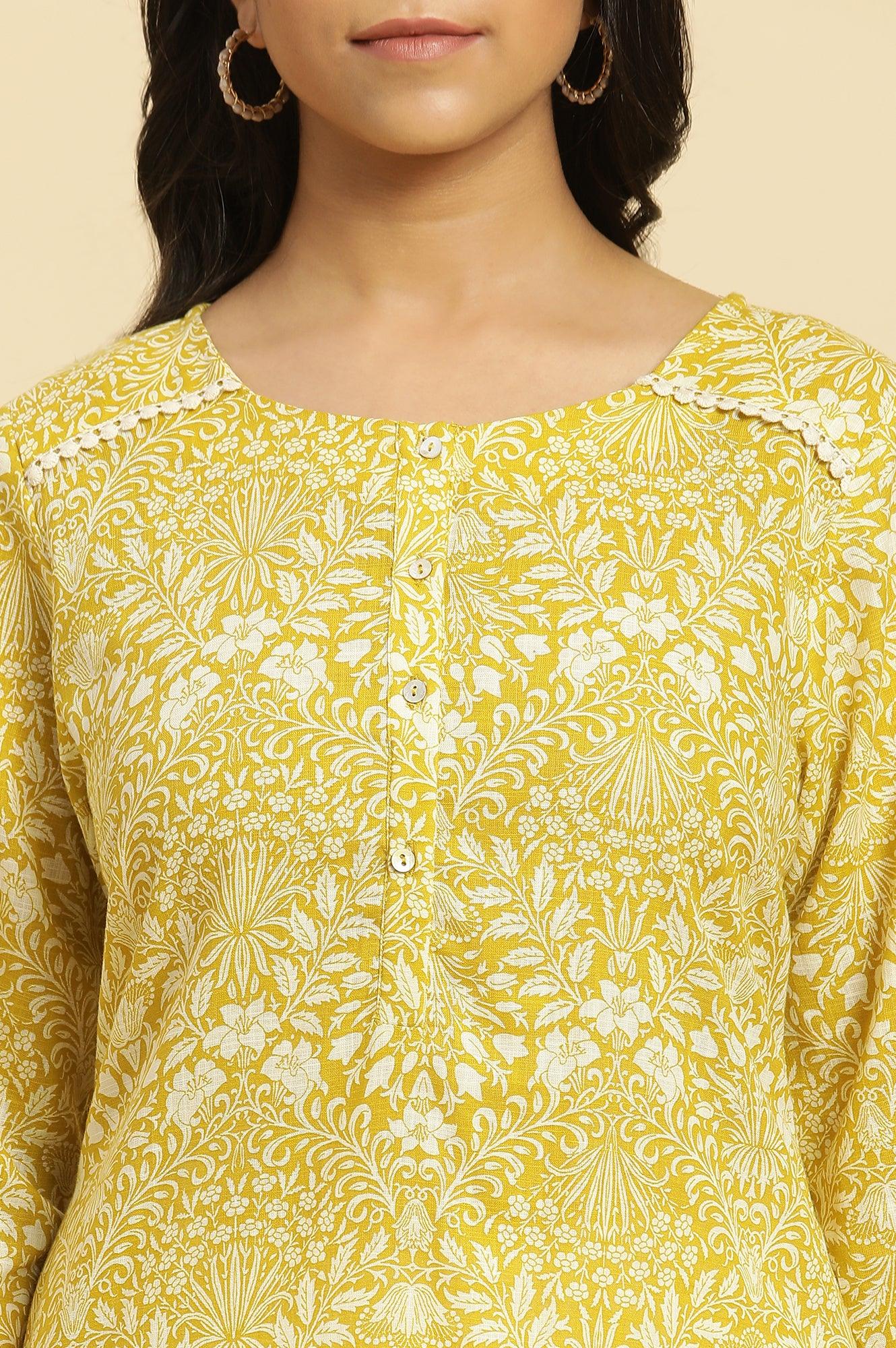 Yellow Floral Printed Cotton Kurta - wforwoman
