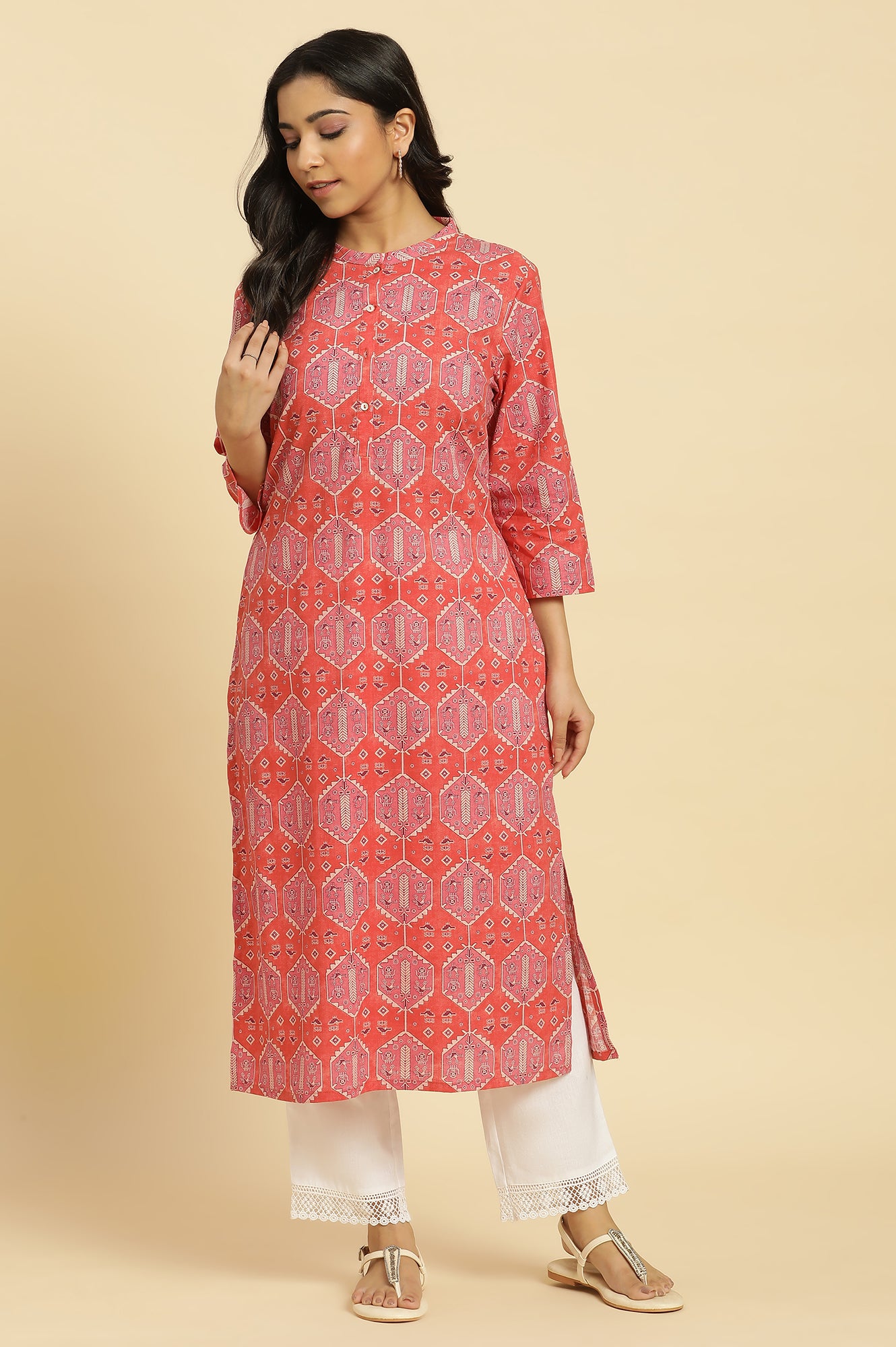 Red Geometric Printed Casual Kurta