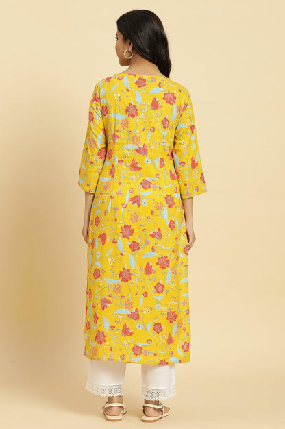 Yellow Straight Kurta With Multi-Coloured Floral Print - wforwoman