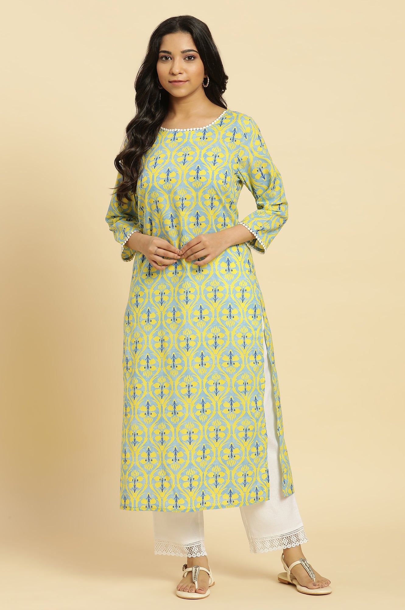 Blue Floral Printed Cotton Kurta