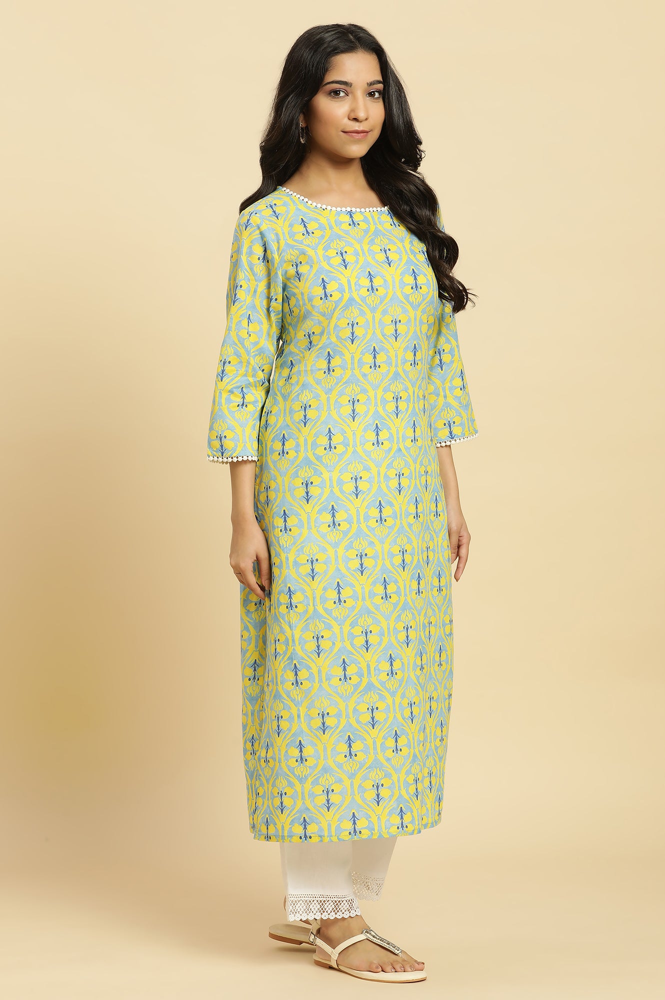 Blue Floral Printed Cotton Kurta