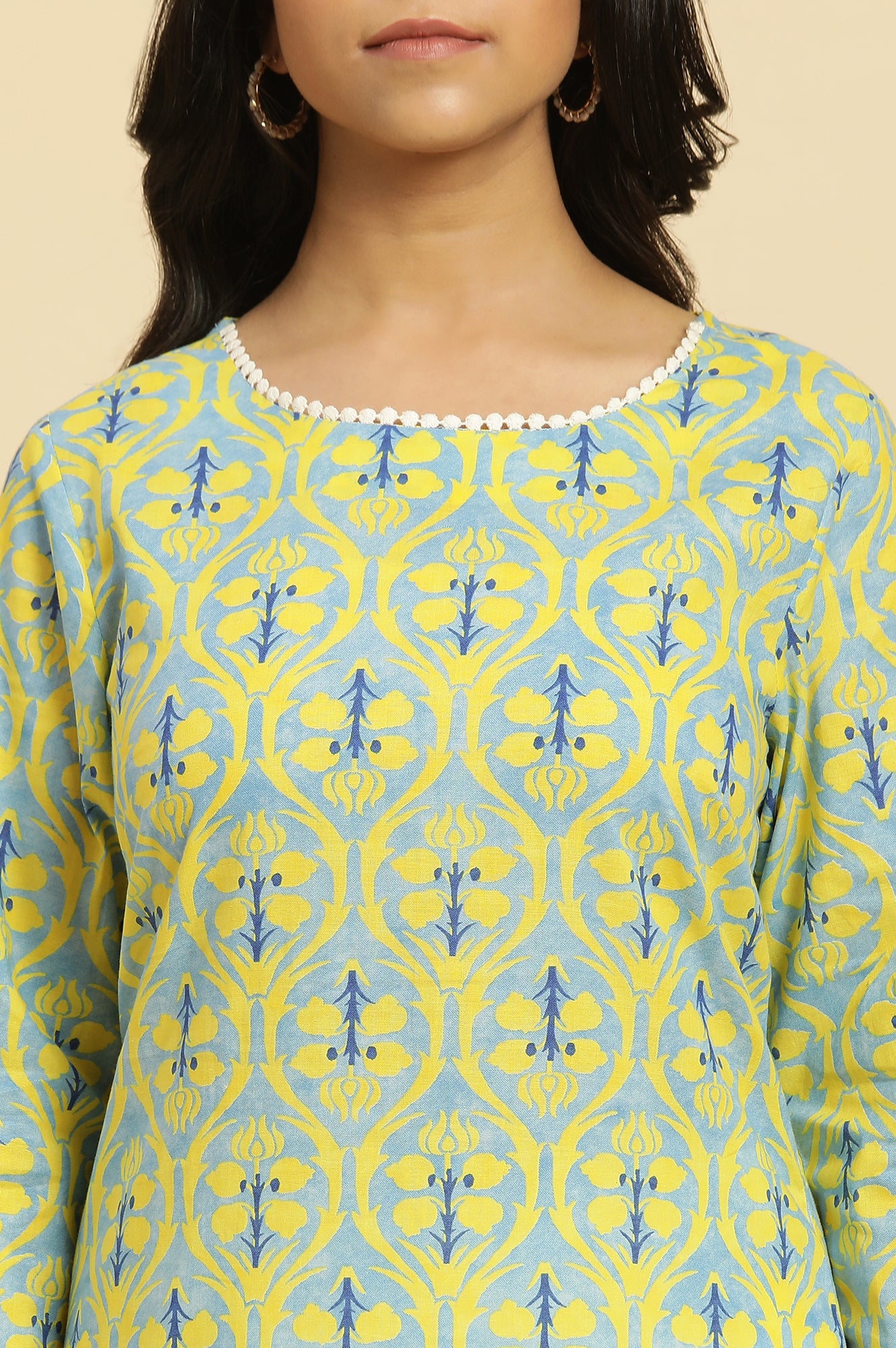 Blue Floral Printed Cotton Kurta